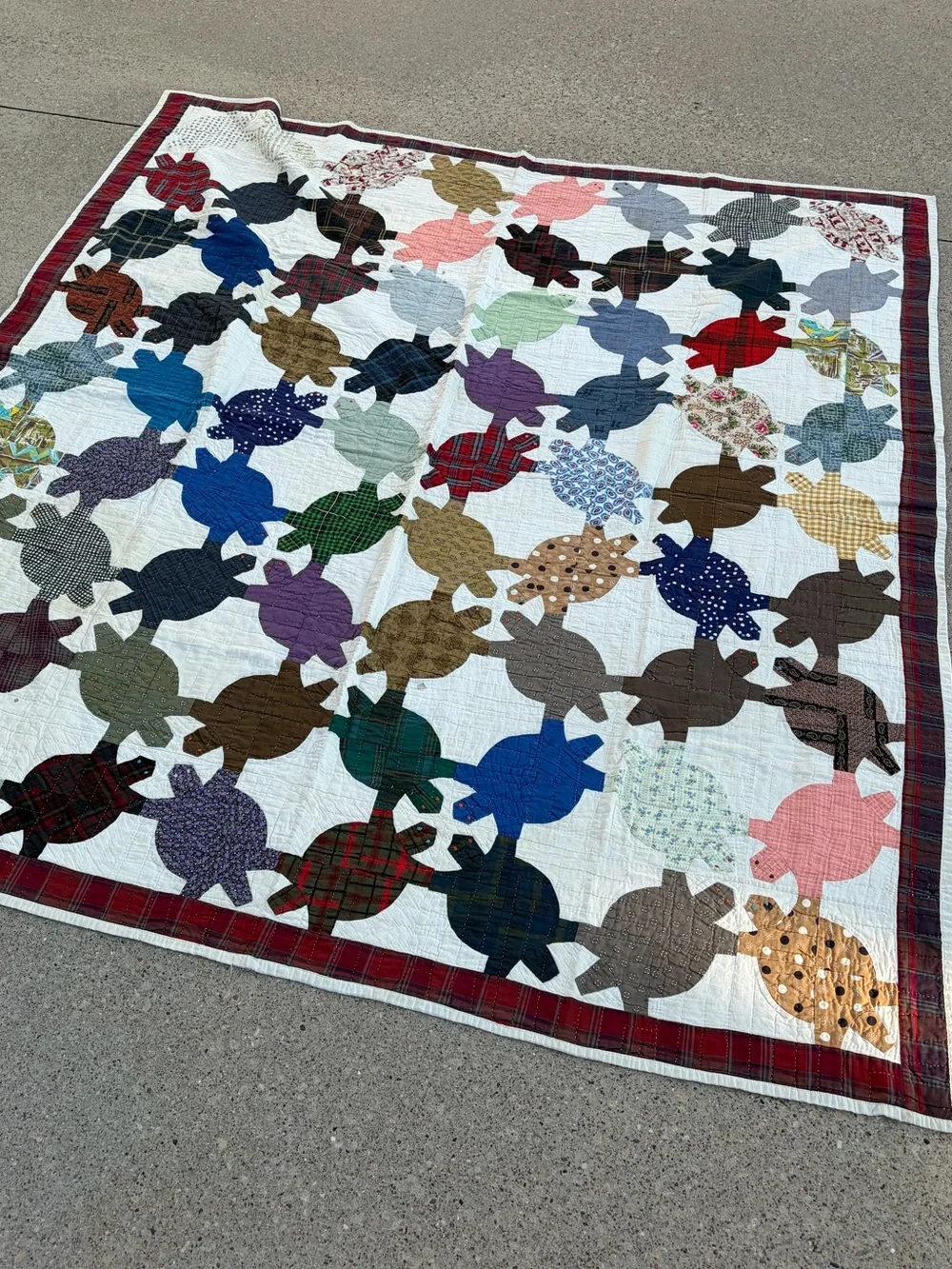 Vintage turtle handmade quilt large throw blanket patchwork multi color tortoise
